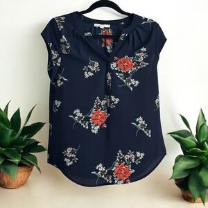 Fun 2 Fun Navy Blue Multicolor Small Floral Short Cap Sleeve Split V-Neck Blouse